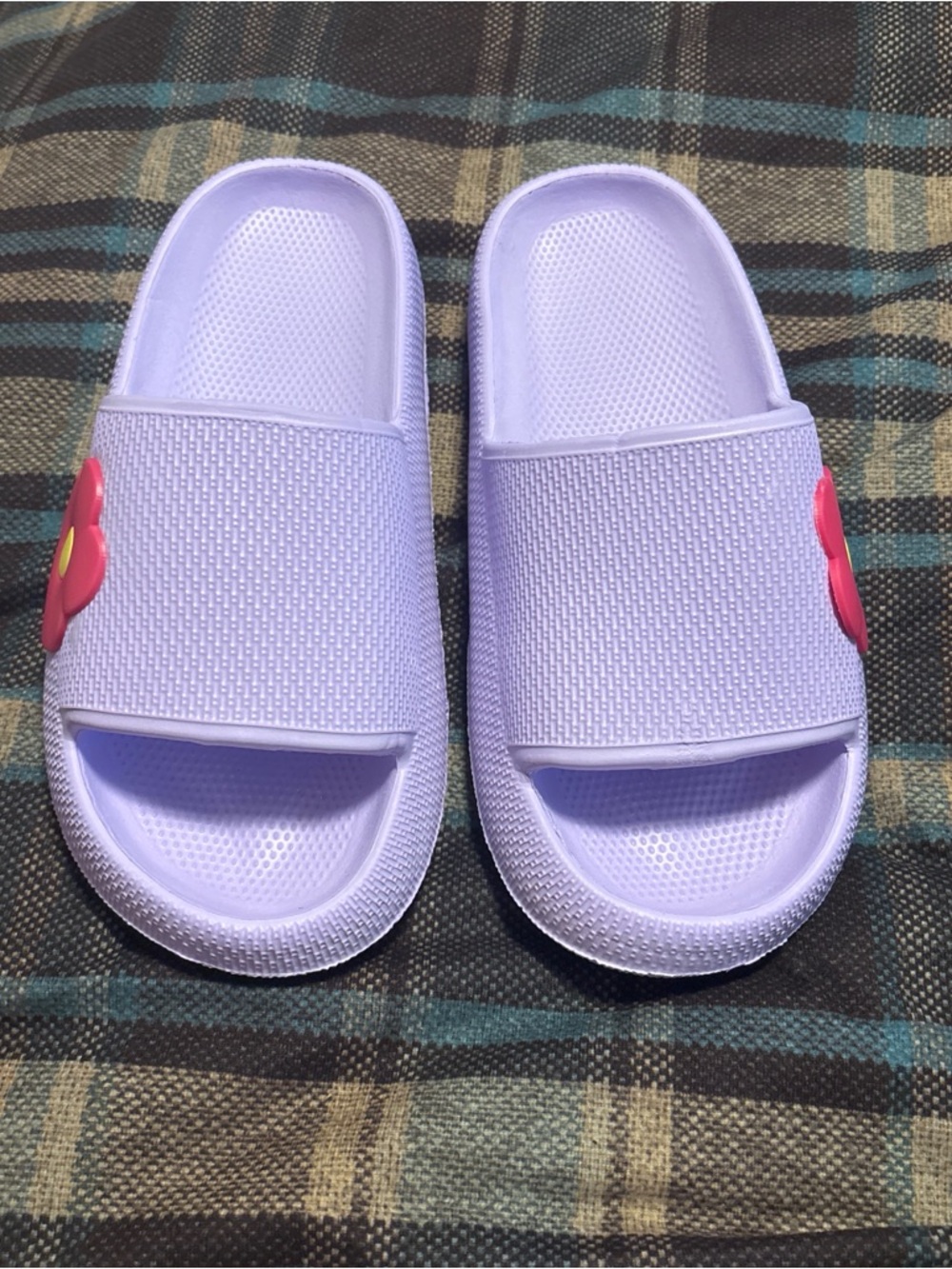 BNWOT Kids Purple Slide Sandals with Flower Accent
